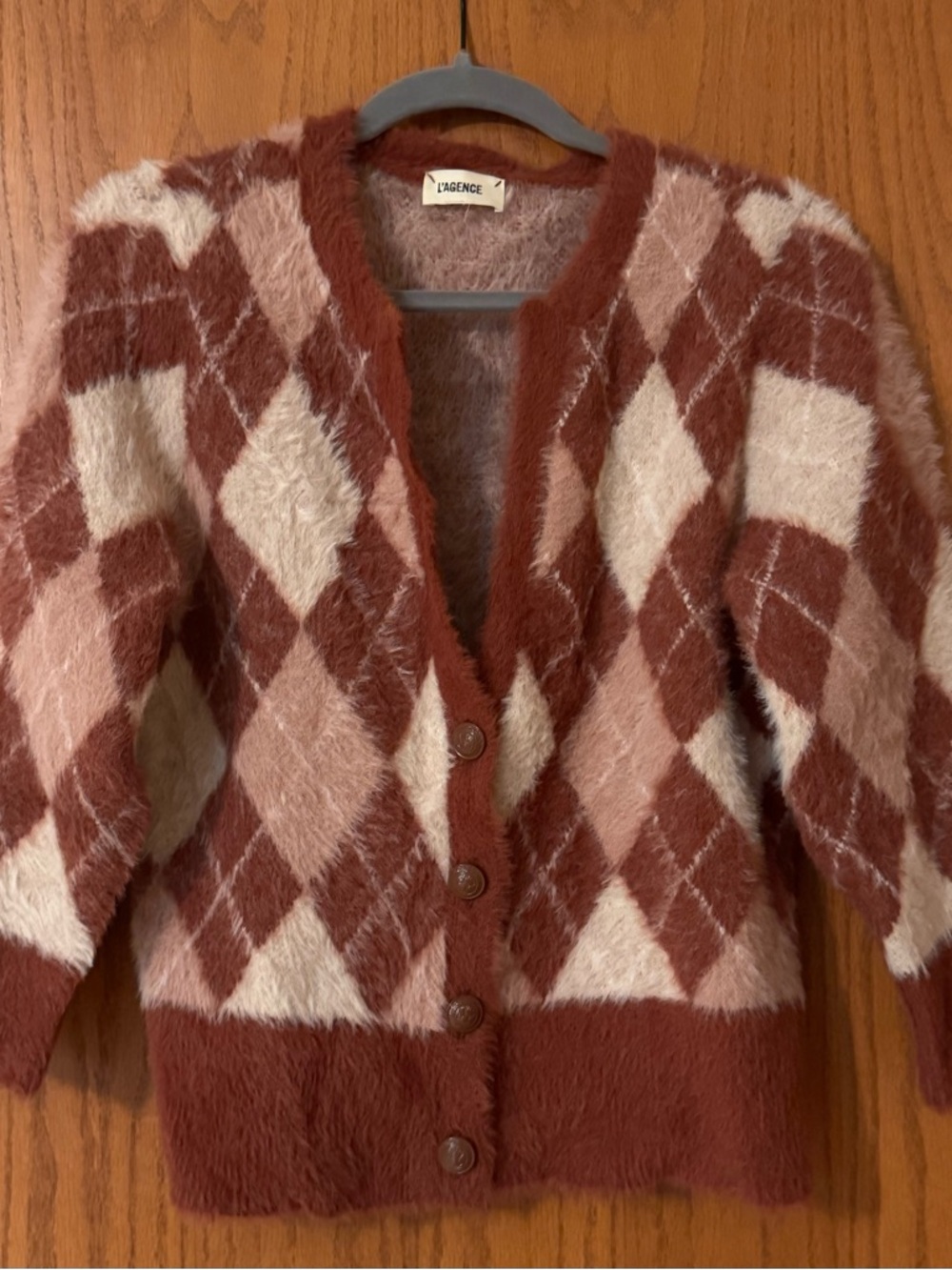 L’AGENCE Fuzzy Argyle Cardigan Sweater Pink Brown Cropped Cozy